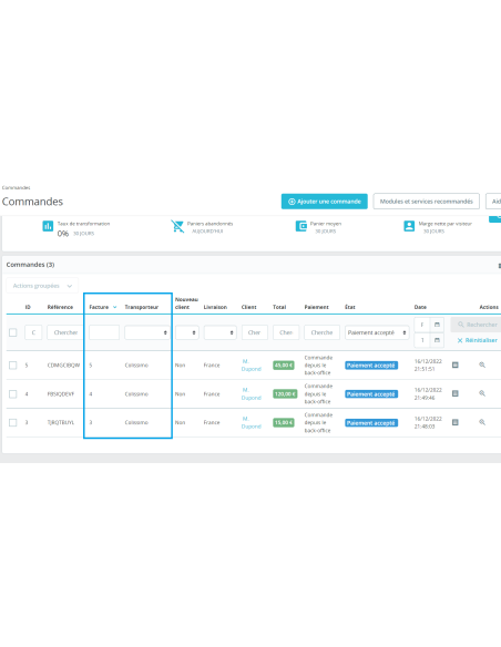 Personnalisation liste des commandes - Module PrestaShop